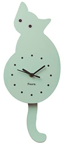 FISURA - Katzenuhr mit Schwanz. Original-Wanduhr. Leise Wanduhr 46 x 8 Zentimeter. Holz und ABS. 1 AA-Batterie (Nicht enthalten) (Grün)