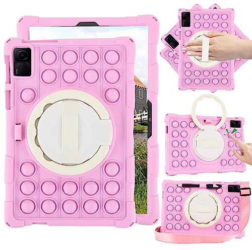 Sfulatdc Silicone Case with 360 Rotating Kickstand Handle/Shoulder Strap Tablet Cute Cover Compatible with Nokia T20,Lenovo Tab M10 Plus (3rd Gen) 10.6 inch Rose