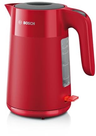 Bosch kabelloser Wasserkocher MyMoment TWK2M164, Abschaltautomatik, Überhitzungsschutz, Tassenanzeige, entnehmbarer Kalkfilter, Trockengehschutz, Dampfstopp-Automatik, 1,7 L, 2400 W, Rot matt