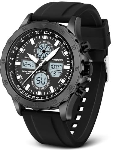 Orologio Uomo Sportivo Militare Impermeabile Analogico Digitale in Acciaio Inossidabile con Sveglia, Cronometro, LED, Suoneria Oraria - Multifunzione (Bianco-Nero)