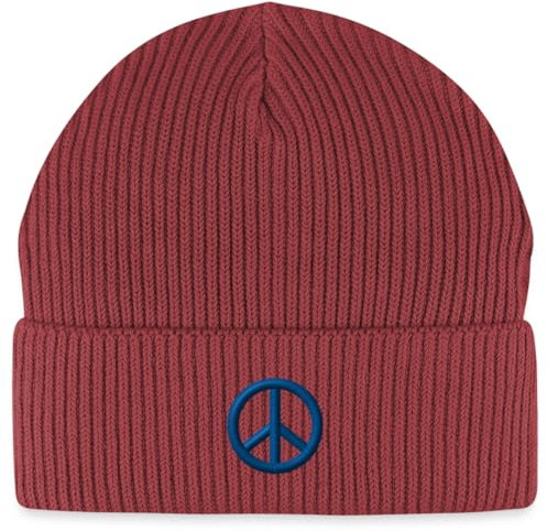 Spreadshirt Peace Zeichen Stickerei Bio Fisherman Beanie Mütze, One Size, Erdrot