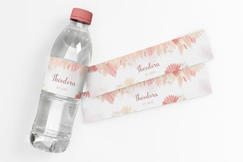 Etiquettes de bouteilles d'eau personnalisées, papeterie pour mariage, baptême, anniversaire, texte personnalisé, motif pampa rose