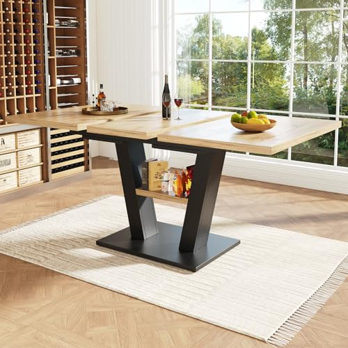 DRIXNO Esstisch Teleskoptisch (118-157×70×75cm), Tisch, Küchentisch, Ausziehtisch, mit Hilfe innenliegender Einlegeplatten auf 118-157cm ausziehbar, Holzfarbener Esstisch