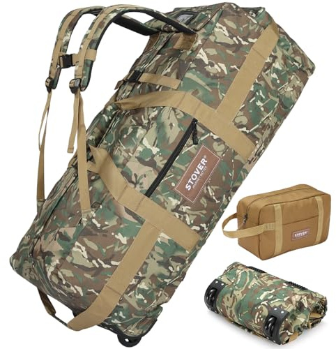 STOVER Rolling Duffel Bag with Wheels, Large Durable Travel Duffle with Toiletry Bag, Heavy Duty, Packable with Shoulder Straps- Use as Luggage or Backpack, Men Women, Camouflage, 100l, Outdoor
