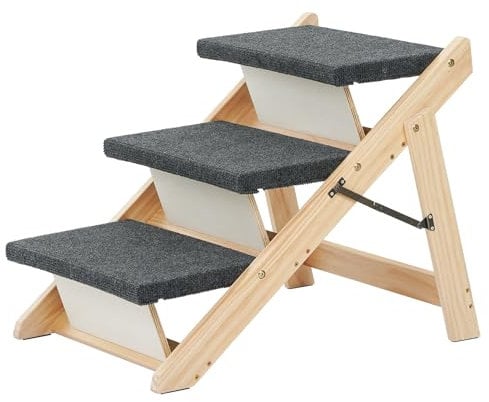 MEWANG Haustiertreppe aus Holz – Faltbare 3 Ebenen Hundetreppe & Rampe perfekt für Betten und Autos – tragbare Hunde-/Katzenleiter bis zu 50 kg