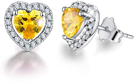 Esberry 18K Gold Plating 925 Sterling Silver Birthstone Love Heart Stud Earrings Cubic Zirconia Hypoallergenic Earrings Birthday gift for Women and Girls (November-Citrine)