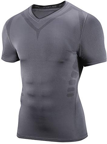 AMZSPORT Herren Kompressionsshirt Kurzarm Funktionsshirt Atmungsaktives Sportshirt Laufshirt, Dunkelgrau M