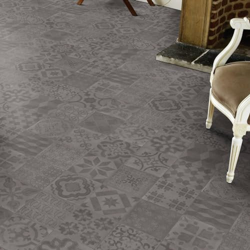 Bodenmaster PVC Bodenbelag Retro Fliese Schwarz mit Textilrücken Tarkett Almeria Smoke Iconik 280Tex (Musterstück in DIN A4)