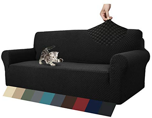 MAXIJIN Jacquard Sofabezug 3 Sitzer 1 Stück Couch Bezug rutschfest Schonbezug Sofa für Wohnzimmer Stretch-bezüge für Hunde Haustiere mit Anti-Rutsch-Schäume (3 Sitzer, Schwarz)