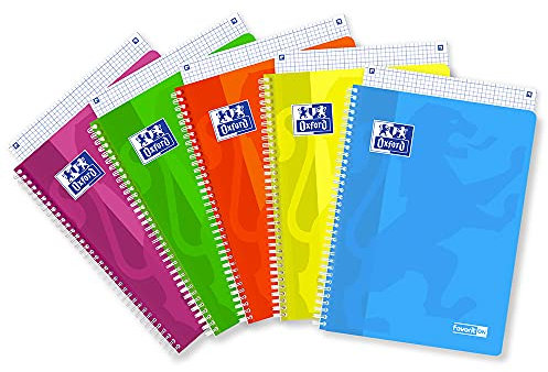 Favorit Quaderno Spiralato A4, Rigatura Quadretti 5mm, Carta 90G/Mq, Pacco da 5 Pezzi, Colori Fluo Assortiti