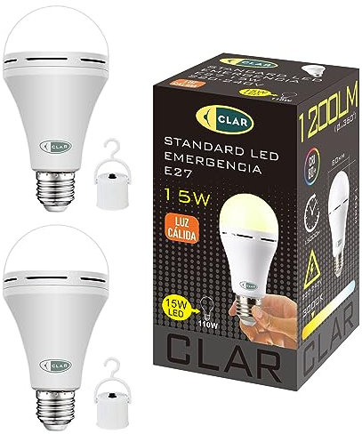 CLAR - Lampadina Ricaricabile 15W a Batteria, Lampade Senza Corrente, Luci per Gazebo e Mercatini, Senza USB (Pack 2)