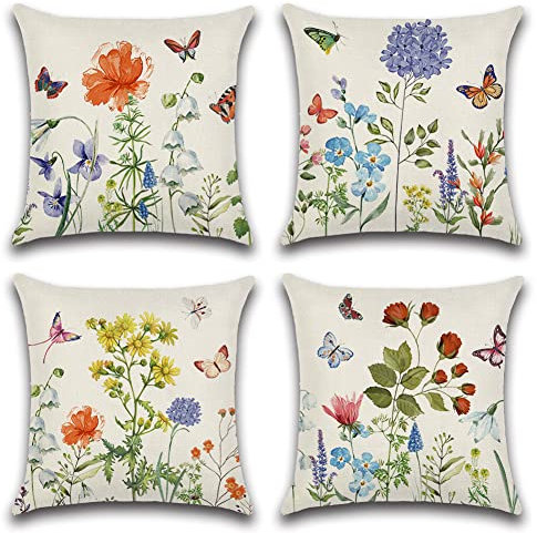 Artscope wasserdichte Kissenbezugen, 4er Set Frühling - Blumen und Schmetterlinge Kissenhülle Atmungsaktiv Kissen Fall für Outdoor Balkon Terrasse Patio Garten Bauernhaus Dekor 45x45CM