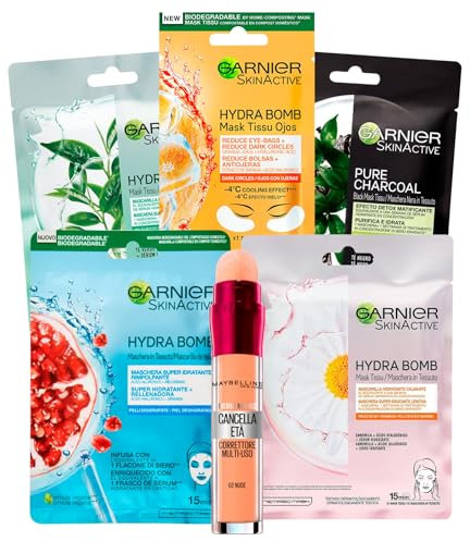 Garnier 3x Maschere Viso in Tessuto Hydra Bomb Melograno The Verde Camomilla + 1x Maschera Carbone Vegetale + 1x Maschera Occhi Anti Fatica + 1x Correttore Liquido il Cancella Età 02 Nude