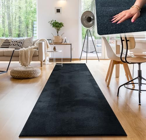 Paco Home Moderner Kuscheliger Wohnzimmer Teppich Kurzflor waschbar flauschig Weich Einfarbig Felloptik zeitlos stilvoll rutschfest pflegeleicht, Grösse:80x300 cm, Farbe:Navy-Blau