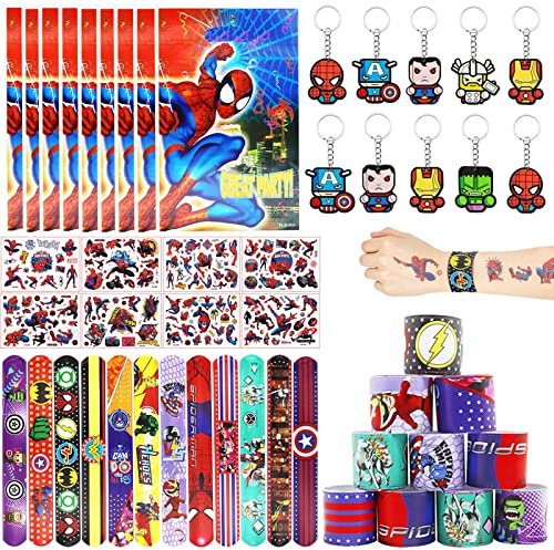 Beamely Party Mitgebsel Kindergeburtstag, 40 Stück Avenger Spielzeuge mit Slap Armbänder, Aufklebern, Schlüsselanhänger, Candy Tüten für Jungen MädchenGeburtstagsgeschenk Favors (Spiderman)