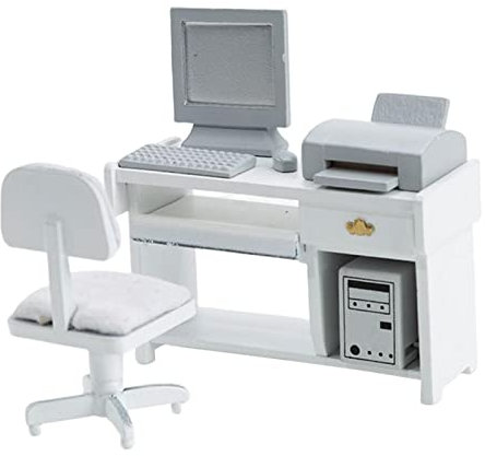 Folpus 1/12 Miniatur Büro Set, Spielzeugszenen Requisiten, Schreibtisch, Computer, Maus, Host, Drucker