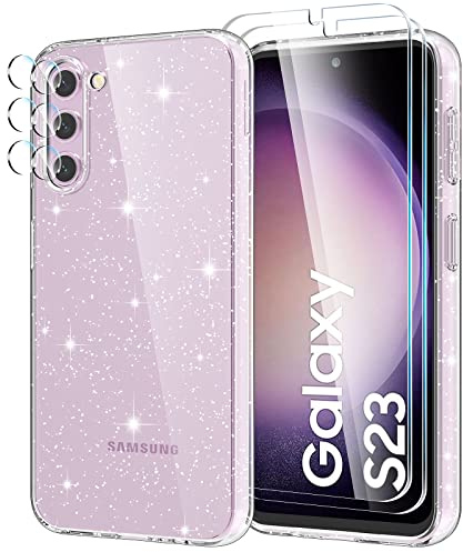 YIRSUR Glitter Clear Case Compatible with Samsung Galaxy S23 5G with 2 Pack Screen Protector with 2 Pack Camera Lens Protector, Soft TPU Bumper Anti-Scratch Shockproof Transparent Sparkly Cover