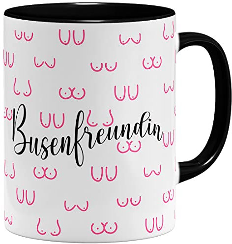 OM3® witzige Busenfreundin Kaffee-Tasse mit Brüsten Doodle BFF Brüste-Muster - Keramik Becher - 325ml - Rundumdruck - Schwarz