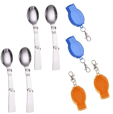 Vokowin 4pcs Camping Spoon Fork Folding Tableware Stainless Steel, Fork Exquisite Foldable Stainless Steel Spoons with Blue Oranger Case Portable Cutlery Use for Outdoor Camping and Hiking (K105-8)
