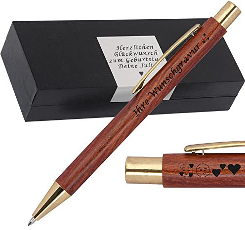 Kugelschreiber aus Holz mit goldenen Applikationen Wunschgravur | blau schreibend | Kugelschreiber personalisiert | persönlicher Gravur | Geschenk für Geburtstag Jubiläum Abschluss Prüfung