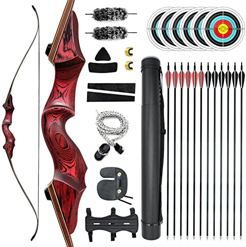 OUBOTER 60 Zoll Black Hunter Recurvebogen 20-60lbs Takedown Recurvebogen Mit 12 Stück Pfeile Und Pfeilköcher Pfeil Und Bogen Erwachsene Für Jagd Im Freien Rechtehand (30LBS)