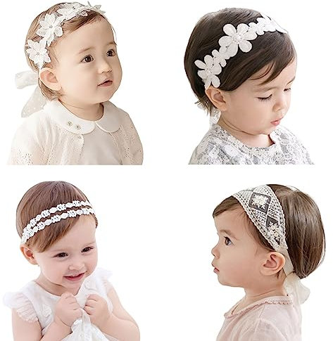 Baby Headband, 4 Pcs Cute White Flower Baby Girl Headbands Soft Elastic Lace Floral Baby Hair Bands Hair Accessories for Newborn Infant Toddler Kids Birthday Wedding Party Photography 0-36 Months