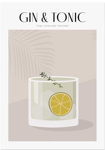 JUNOMI® Gin Tonic Poster 50x70 cm, Cocktail, Longdrink, Bar, Getränke, Cocktail Set | Ohne Rahmen