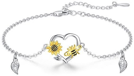 Waysles Sonnenblumen Armband 925 Sterling Silber, herzförmiges Biene und Sonnenblume Armband, kleines Fußkettchen Tier Biene Schmuck Geschenk für Mutter, Tochter