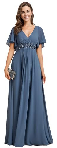 Ever-Pretty Vestito Donna Elegante Scollo a V Maniche a Volant Stile Lungo Abito Cerimonia Donna Denim Blu 56