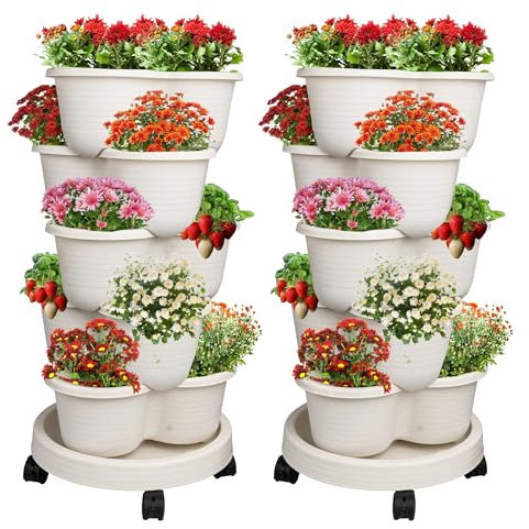Hourleey Paquete de 2 macetas apilables de 5 niveles para fresas, flores, hierbas, verduras, cultiva tu propio oasis vertical de verduras y suculentas