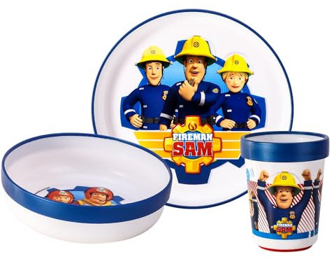 Sam le pompier 3 pièces réutilisables Bicolore Premium Service de table pour enfants Assiette, bol et gobelet, sans BPA