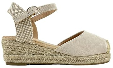 MODELISA - Sandalia Tacon Cuña Alpargata Esparto Hebilla Pulsera Tobillo Primavera Verano Mujer (Beige, 39)