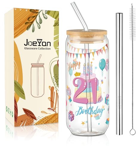 21e Anniversaire Cadeau pour Femme | Lunettes d'anniversaire pour 21e fille 2003 | Verres d'anniversaire de 600 ml avec Couvercle et Paille | Idée Cadeau pour Sœurs amis collègues nounou petite amie