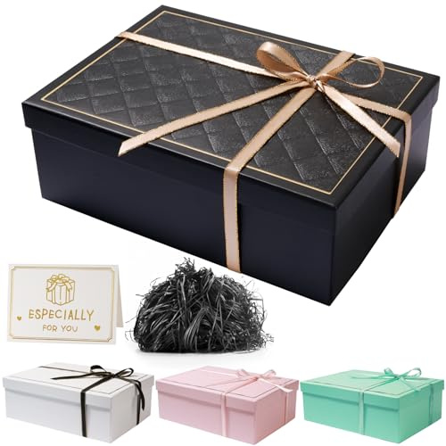 Textured Black Gift Box with Lids, Gift Boxes for Presents | Foldable Presents Container with Ribbon & Greeting Card for Valentine's Day Birthdays Christmas Anniversaries Halloween