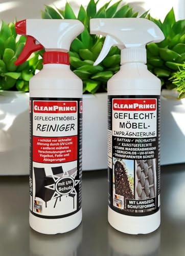Geflechtmöbel Pflege Set: je 0,5 Liter Reinger und 0,5 L Imprägnierung | transparent UV-Stabil Rattan Polyrattan Korbmöbel Kunstgeflechte Sonnenliegen wasserabweisende Versiegelung