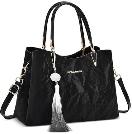 FORRICA Handtasche Damen Henkeltaschen mit Quastenanhänger PU Leder Umhängetasche Frauen Elegant Schultertasche für Reisen Bankett Shopper Schwarz