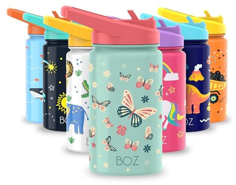 BOZ Bouteille d'eau pour enfants avec couvercle à paille, bouteille d'eau isotherme en acier inoxydable pour enfants, tout-petits, bouteille d'eau anti-fuite (Papillon)