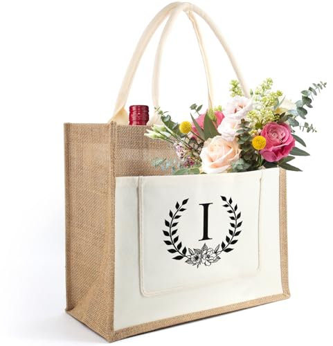 Tarklanda Frauen Geschenke Initialen Jutetasche, Jute Shopper Tote Bag Damen, Jute Einkaufstasche mit Alphabet, personalisiert Geschenk für Frauen Freund Mama, Geburtstage, Weihnachten (I)