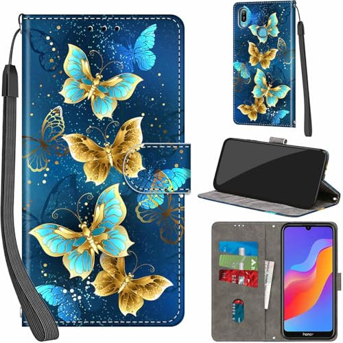 Haninsuze Cover per Huawei Y6 2019 Custodia Cover Pelle Libro Portafoglio con Porta Carte Magnetica Protezione Antiurto Cuoio Flip Case Custodia Cover per Huawei Y6 2019, farfalla dorata