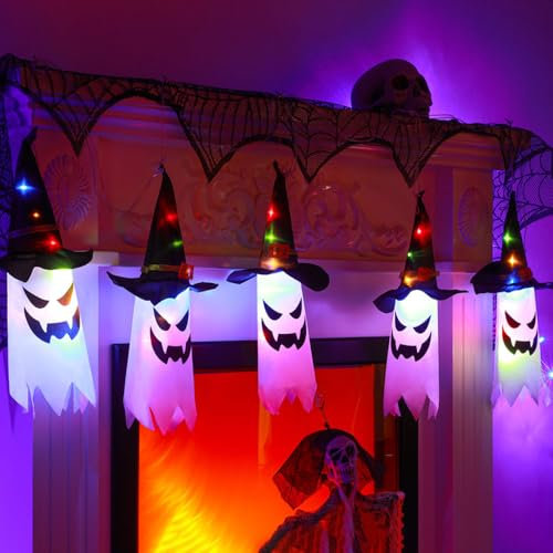 Halloween Geister Lichterkette - 5 Stück Hängende Deko Mit LED für Garten, Hof, Drinnen und Draußen