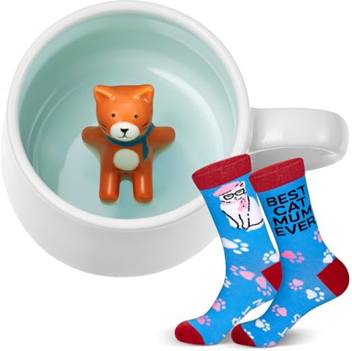 Nuenen 2 Pcs Cat Graduation Gifts for Her Him Cat Lovers Unisex Cute Socks Coffee Mug Mum Ever Novelty Socks Animal 3D Animal Morning Cup Tea Cup for Women Friends Teacher Birthday Christmas Gifts