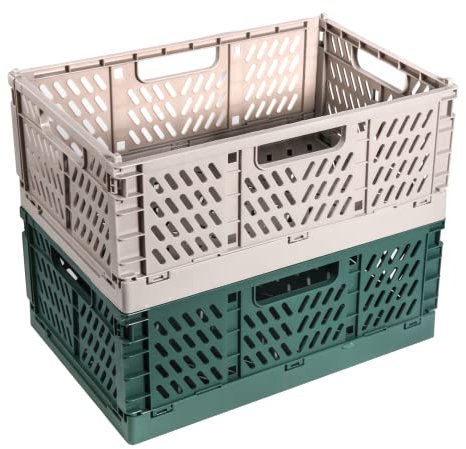 2 Stück Klappkiste, Kunststoff Stabile Klappboxen, Faltbare Aufbewahrungskorb, Stapelbar Klappkisten Set für Lagerung Küche, Schlafzimmer, Arbeitszimmer, Büro, Garten (Grau+Dunkelgrün,30.5*20cm*12cm)