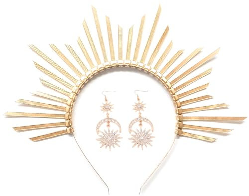 FloralGrace 2 Stück Sonnenkrone, Haarreif mit Ohrringen, Goldene Göttin Sonnenkrone Kopfschmuck für Frauen, Hochzeitskostüm, Cosplay Party, Göttinnen Zubehör