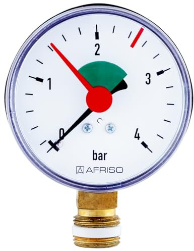 Afriso Manometer Heizung Wasser Ø 63 mm, 3/8, 0-4 bar, radial/unten selbstdichtend mit PTFE-Dichtring, schwarzes korrosionsfestes Gehäuse