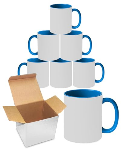 Sublimation Mugs 11oz Blank with Coloured Large Handle & Inner with Box | Durable, Ceramic Orca Finished Mugs Perfect for Custom & DIY Printing, for Loved Ones | Medium Blue Pack of 12