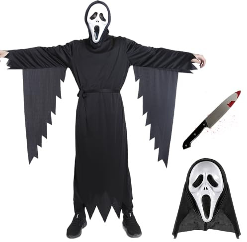 Carnavalife Disfraz Muerte y Scream para Adultos – Traje de Halloween para hombre y mujer con Máscara Scream Sotana Negra y Pack con Cuchillo Falso y Máscara (M, CON MASCARA Y CUCHILLO)