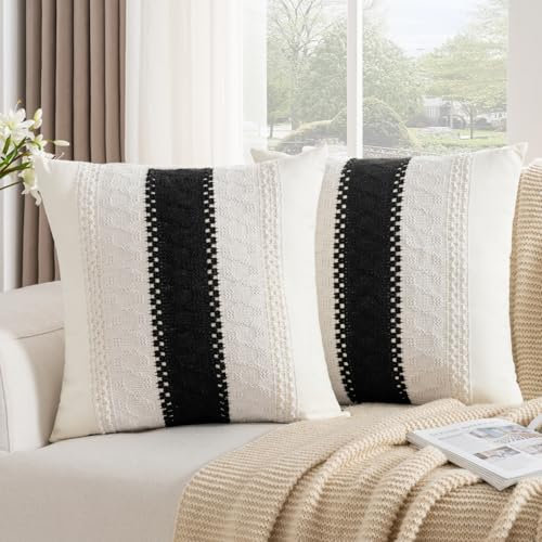 DakTou Boho Kissenbezüge 40x40 Baumwolle Kissenhülle Modern Bauernhaus Gewebt Strukturiert Sofakissen Couchkissen Deko Kissenbezug für Sofa Schlafzimmer Wohnzimmer Schwarz 2er Set