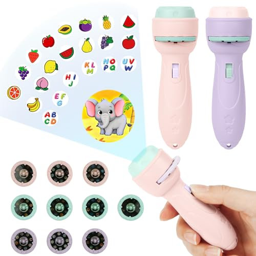HOTUT Lampe Torche et Projecteur Animaux, 2 PCS Jouet Lampe de Poche Projecteur Histoire, Mini Projecteur Histoire Enfant avec 20 Disques 160 Images, Jouet Éducatif pour Garçons Et Filles-Violet+Rose