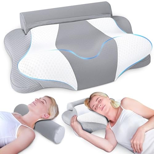 SAHEYER Almohada Cervical, 2 en 1 Almohadas Cervicales para Dormir, Almohada Ortopédica para Soporte de Cabeza/Cuello/Hombro, Almohada Viscoelastica para Dormir de Lado, Espalda y Estómago