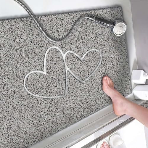 Nicoman Double Heart Shower Mat Non Slip Anti Mould, 40x60 cm Bath Mats for Inside Shower, Loofah Grey Bathmats for Bathtubs Toilet Bathroom Floor, PVC Bath Rugs Quick Drying, Washable